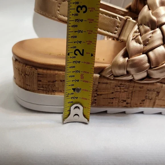 Tahari Gold Open Toe Rope Velcro Closure Cork Heel Summer sandals (girls size 3)